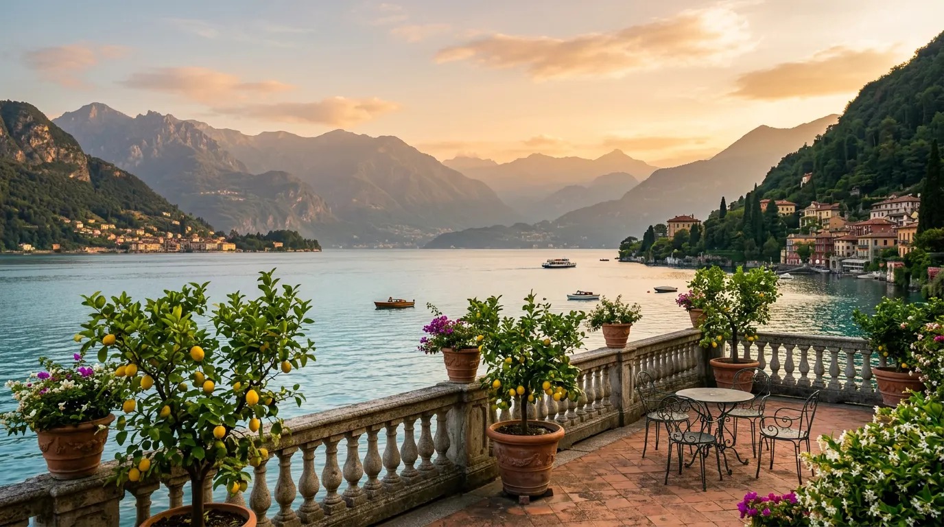 Lago de Como al atardecer desde la terraza de una villa con limoneros, imagen ilustrativa