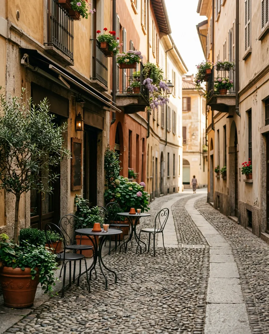 Via acciottolata nel quartiere Brera di Milano con tavolini di un caffè, immagine illustrativa