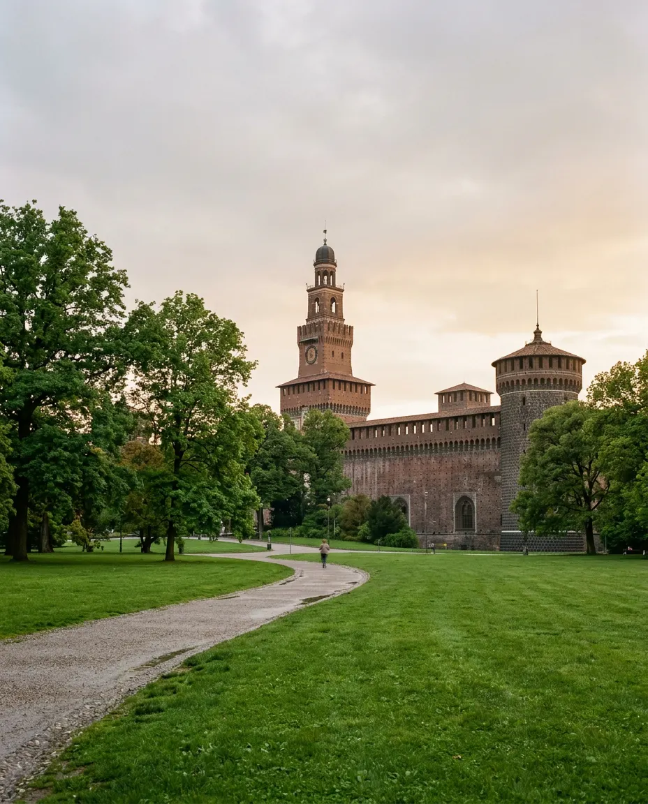 Mura e torre di un castello in un parco di Milano, immagine illustrativa