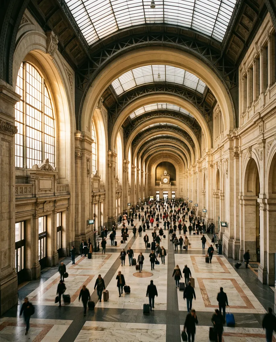 Salone di una grande stazione ferroviaria storica a Milano con viaggiatori, immagine illustrativa