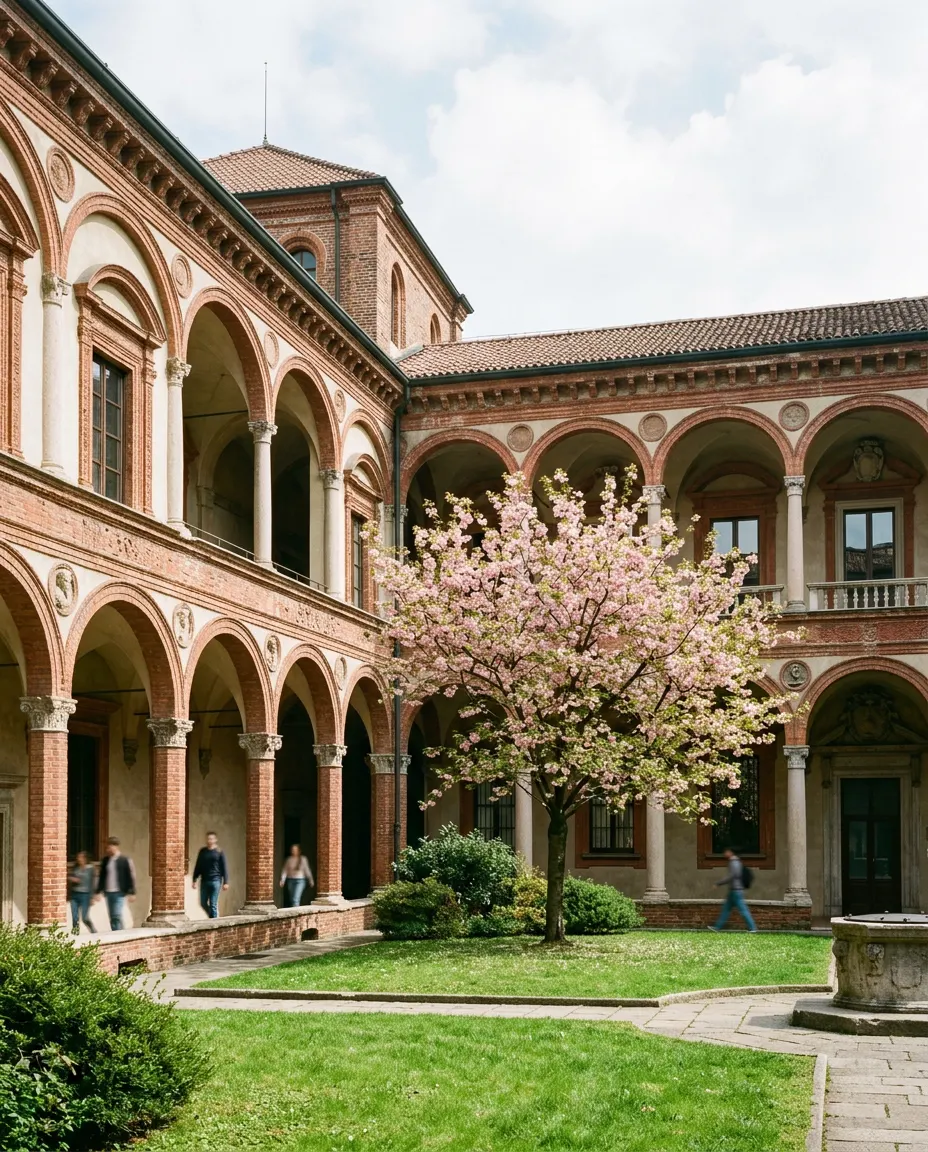 Cortile universitario con portici a Milano in primavera, immagine illustrativa