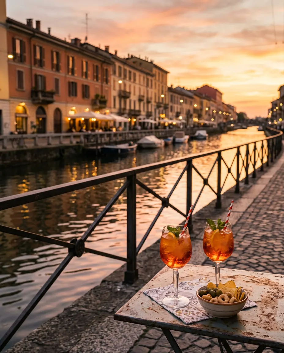 Naviglio al tramonto con due spritz su un tavolino, immagine illustrativa